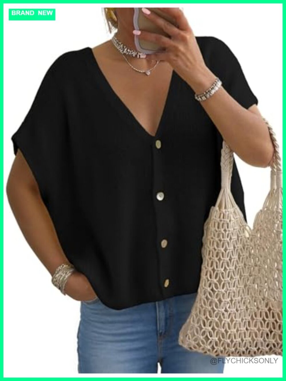 Women's Lightweight Knit Cardigan Button Front V-Neck Batwing Sleeve